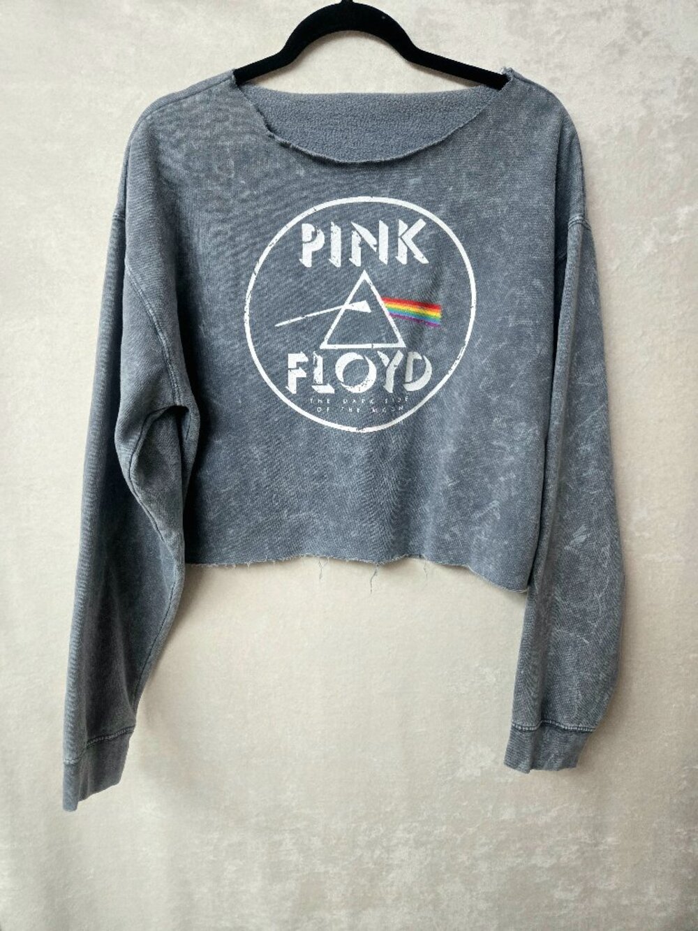Pink Floyd Dark Side of the Moon Cropped Acid Wash Long Sleeve Sweatshirt Grunge